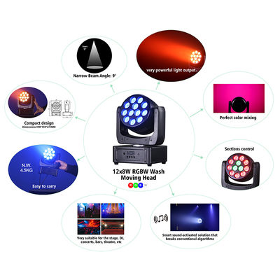 एलईडी वाश मूविंग हेड MINI 12*8W स्टेज लाइटिंग DMX512 ध्वनि सक्रिय मूविंग हेड लाइट्स